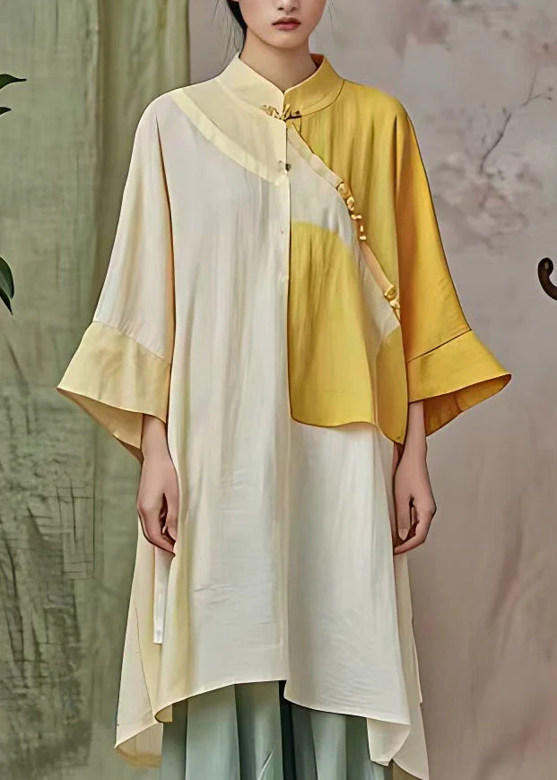 Organic Yellow Stand Collar Patchwork Long Dress Flare Sleeve - Image 5