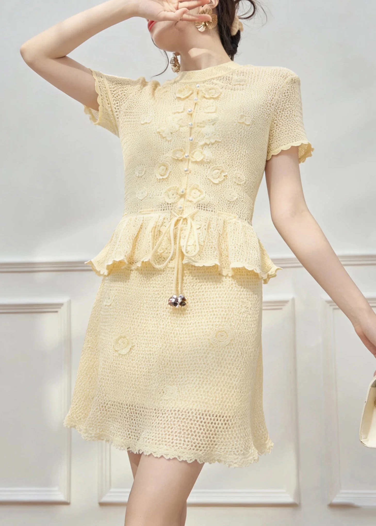 Organic Yellow Tie Waist Knit Top And Skirts Two Pieces Set Short Sleeve - Image 3