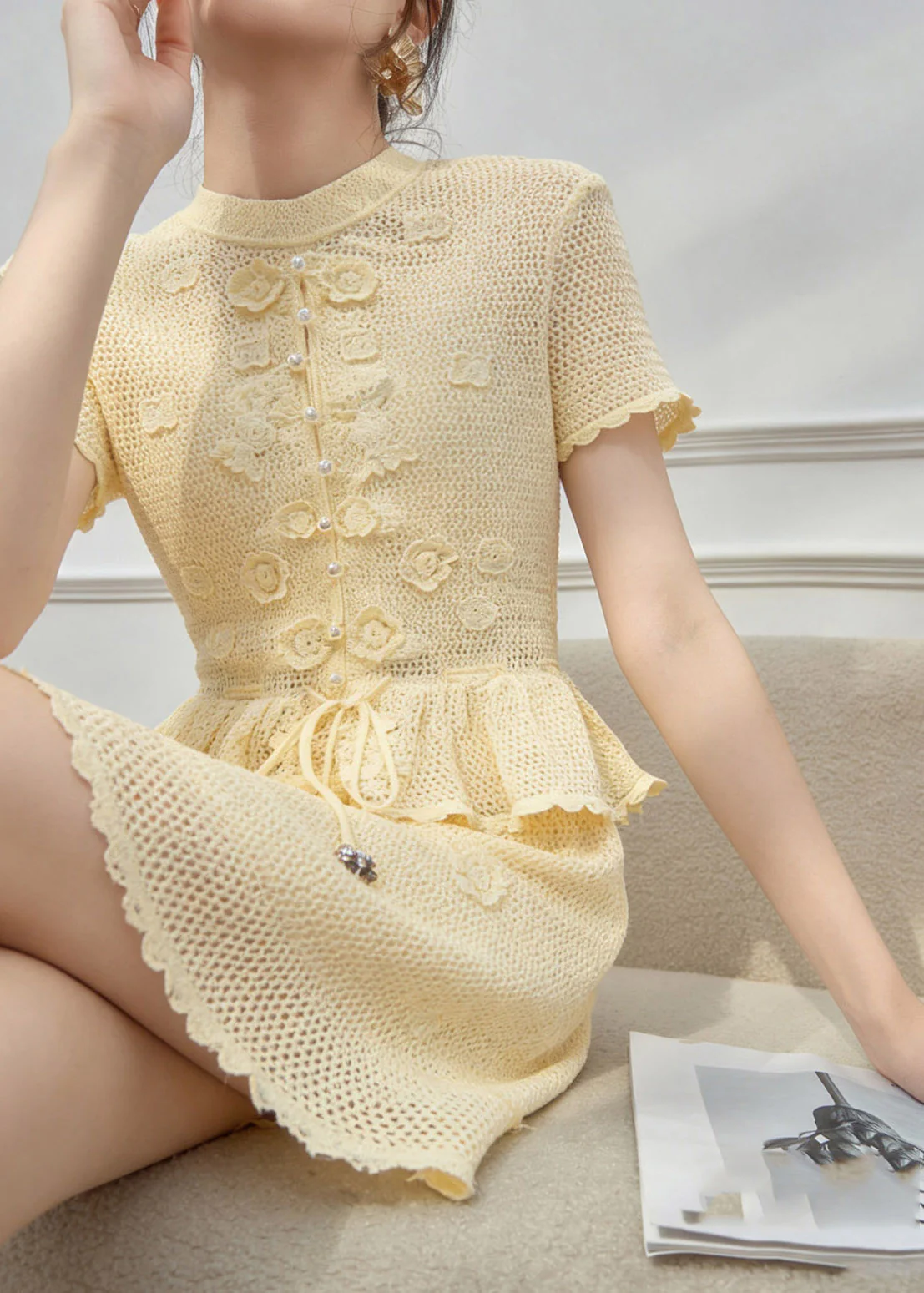 Organic Yellow Tie Waist Knit Top And Skirts Two Pieces Set Short Sleeve - Image 5