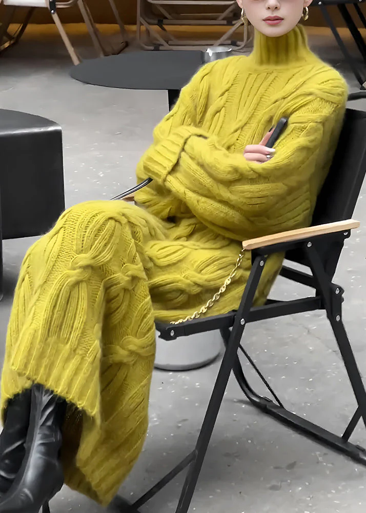 Organic Yellow Turtleneck Tunic Cotton Knit Long Sweater Dress Fall - Image 5
