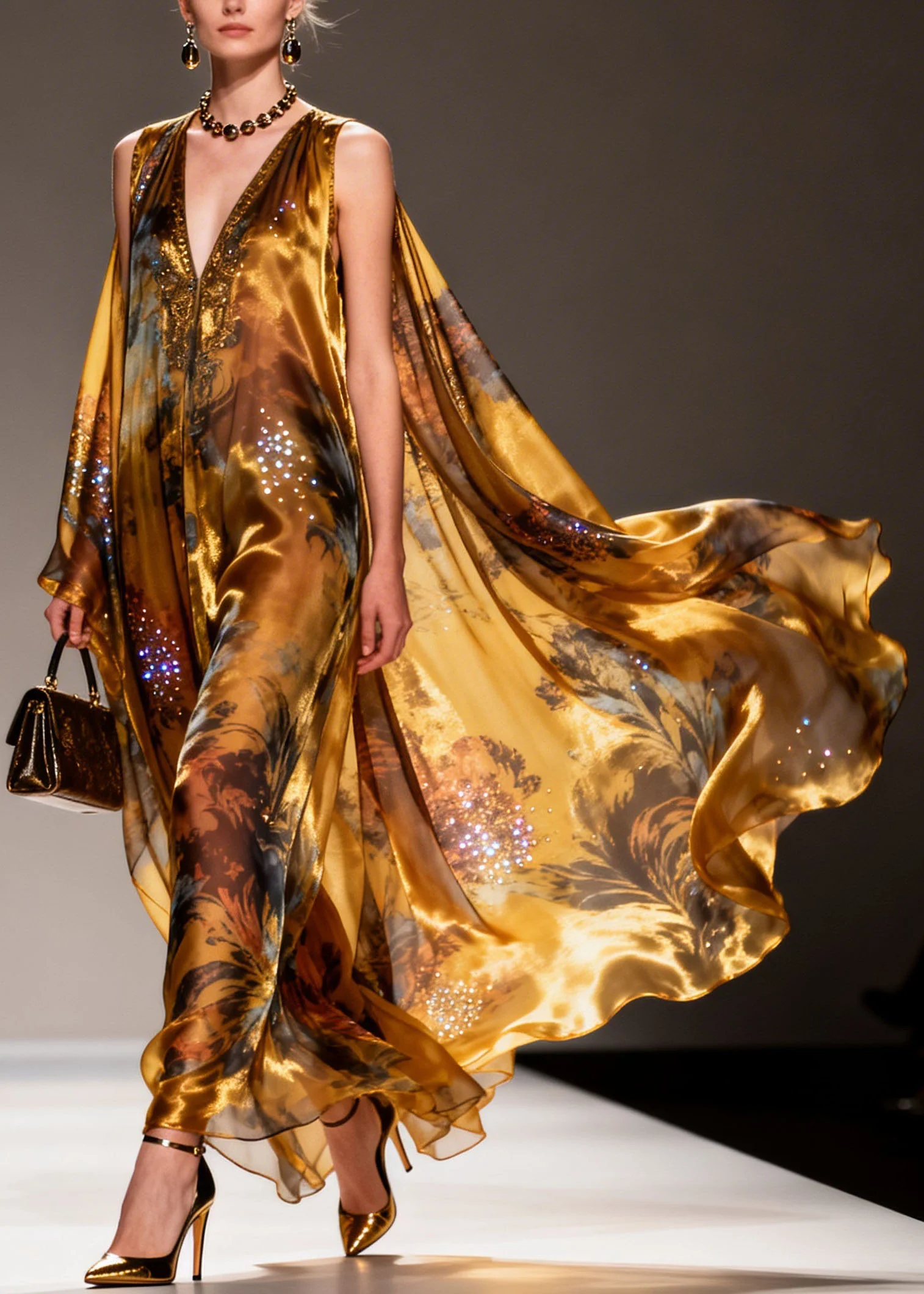 Organic Yellow V Neck Print Zircon Chiffon Maxi Dresses Summer - Image 3