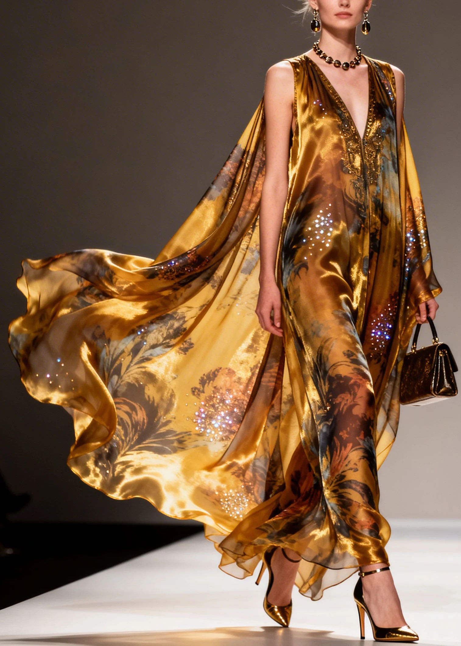 Organic Yellow V Neck Print Zircon Chiffon Maxi Dresses Summer - Image 5