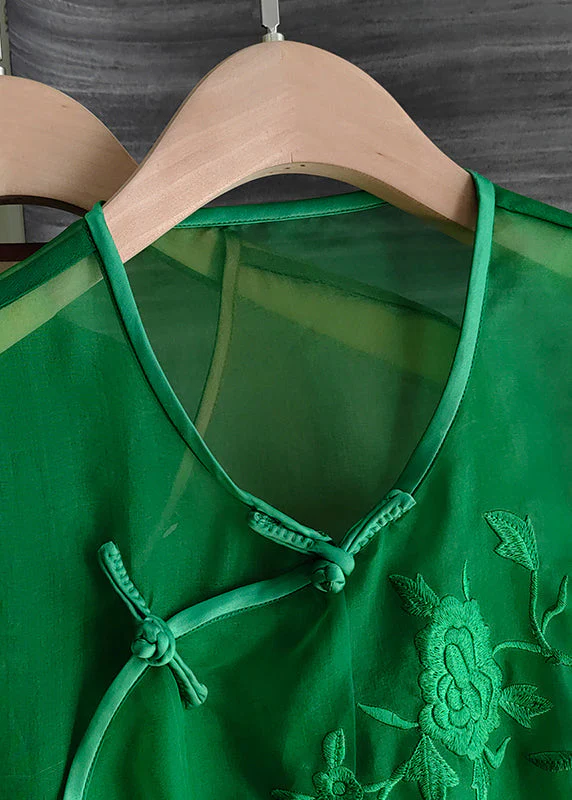 Organza Green O-Neck Embroideried Floral Low High Design Silk Mid Dress Long Sleeve - Image 3