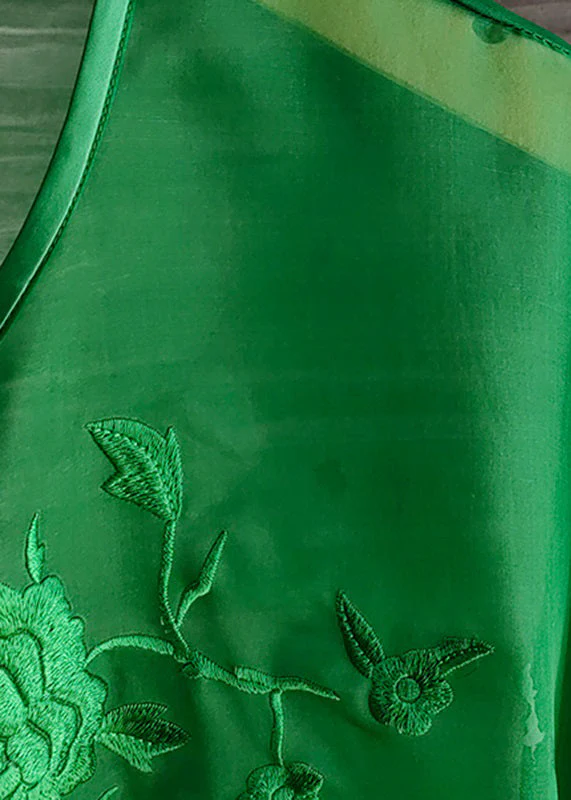 Organza Green O-Neck Embroideried Floral Low High Design Silk Mid Dress Long Sleeve - Image 4