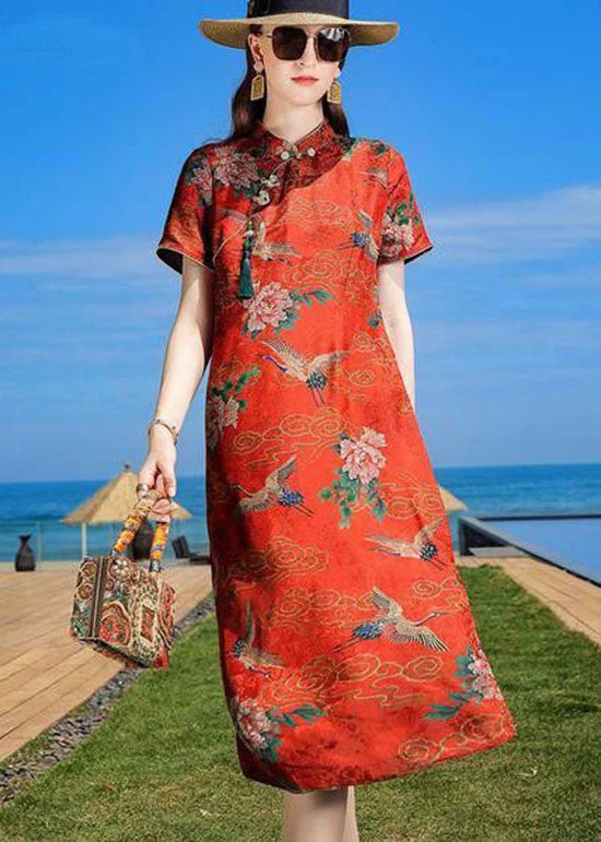 Oriental Orange Stand Collar Tasseled Print Silk Dresses Summer - Image 2
