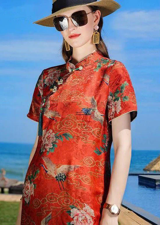 Oriental Orange Stand Collar Tasseled Print Silk Dresses Summer - Image 3