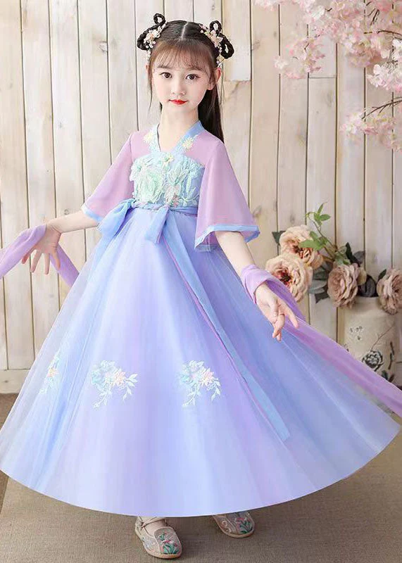Oriental Purple Embroideried Tie Waist Patchwork Chiffon Kids Girls Dresses Summer - Image 5