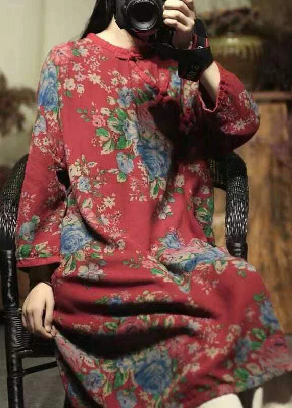 Oriental Red O-Neck Print Linen Mid Dresses Spring - Image 2