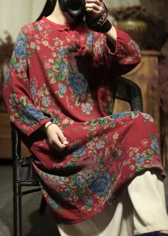 Oriental Red O-Neck Print Linen Mid Dresses Spring - Image 3