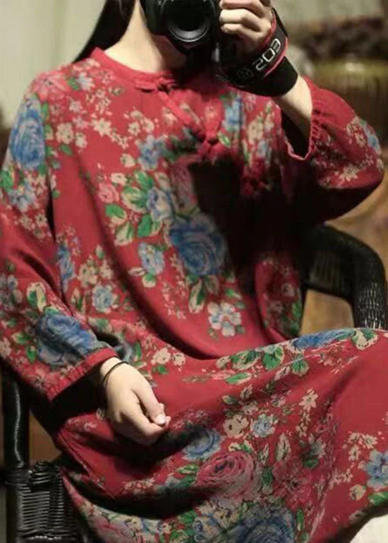 Oriental Red O-Neck Print Linen Mid Dresses Spring - Image 4