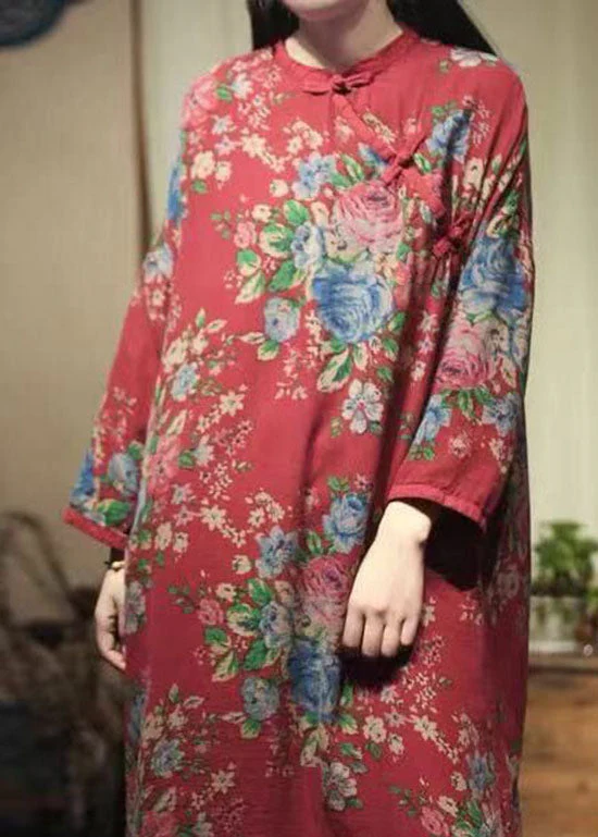 Oriental Red O-Neck Print Linen Mid Dresses Spring - Image 5