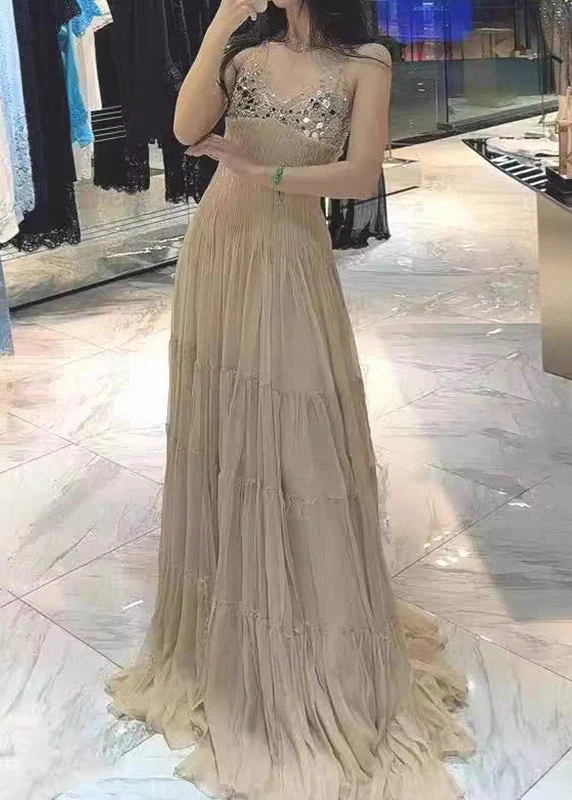 Original Beige V Neck Nail Bead Cinched Silk Holiday Long Dress Summer - Image 2