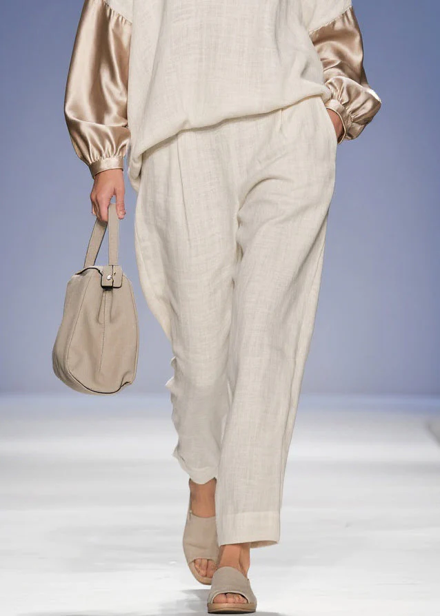Original Beige V Neck Pockets Silk Patchwork Two Piece Set Spring - Image 4