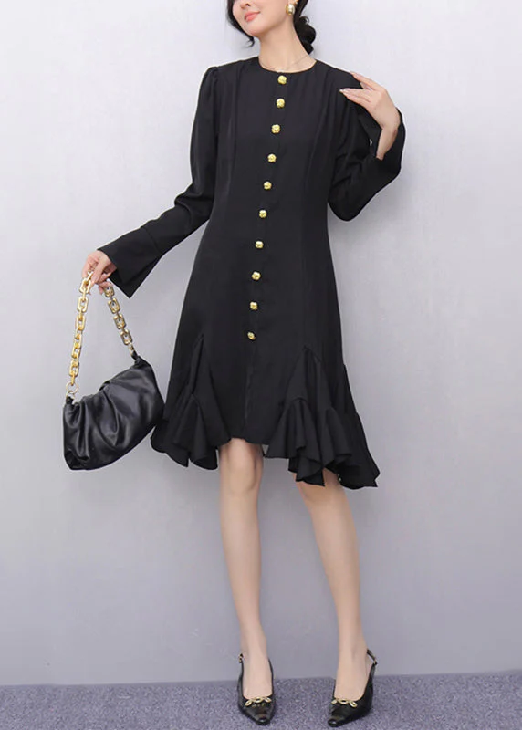Original Black O-Neck Button Long Dresses Flare Sleeve - Image 2