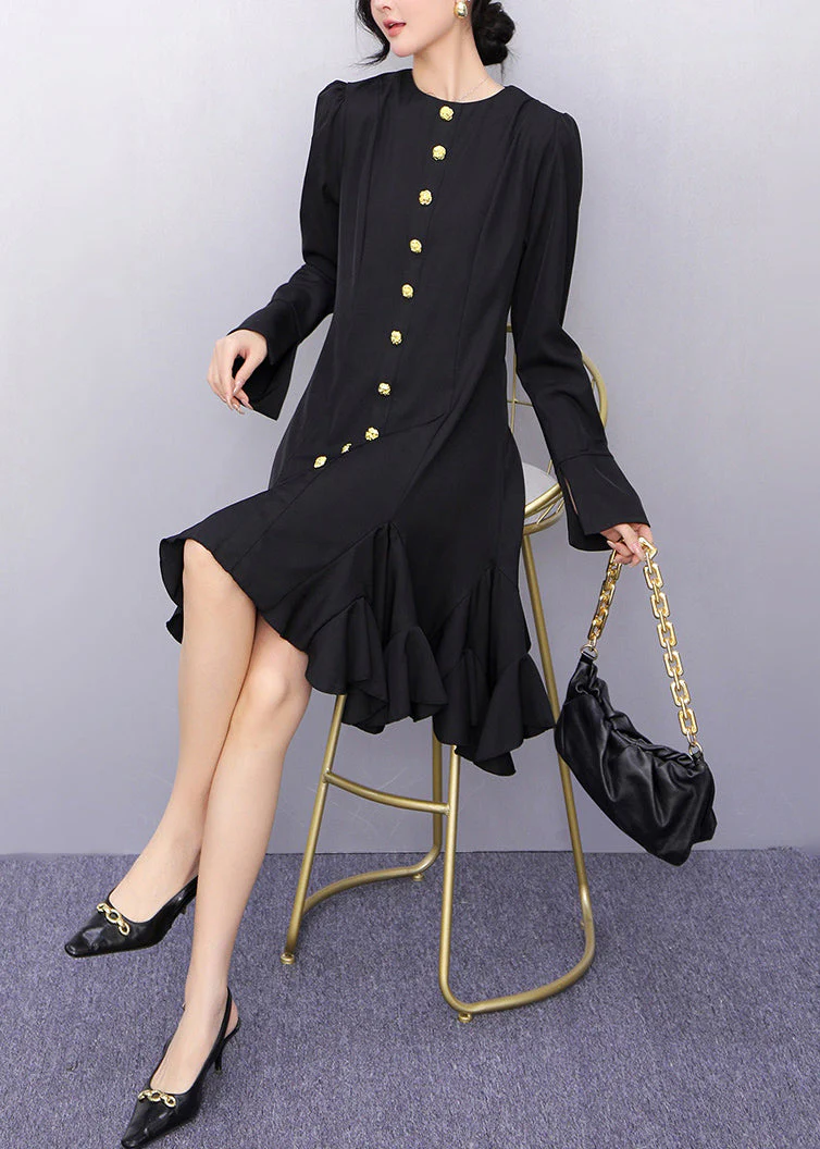 Original Black O-Neck Button Long Dresses Flare Sleeve - Image 3