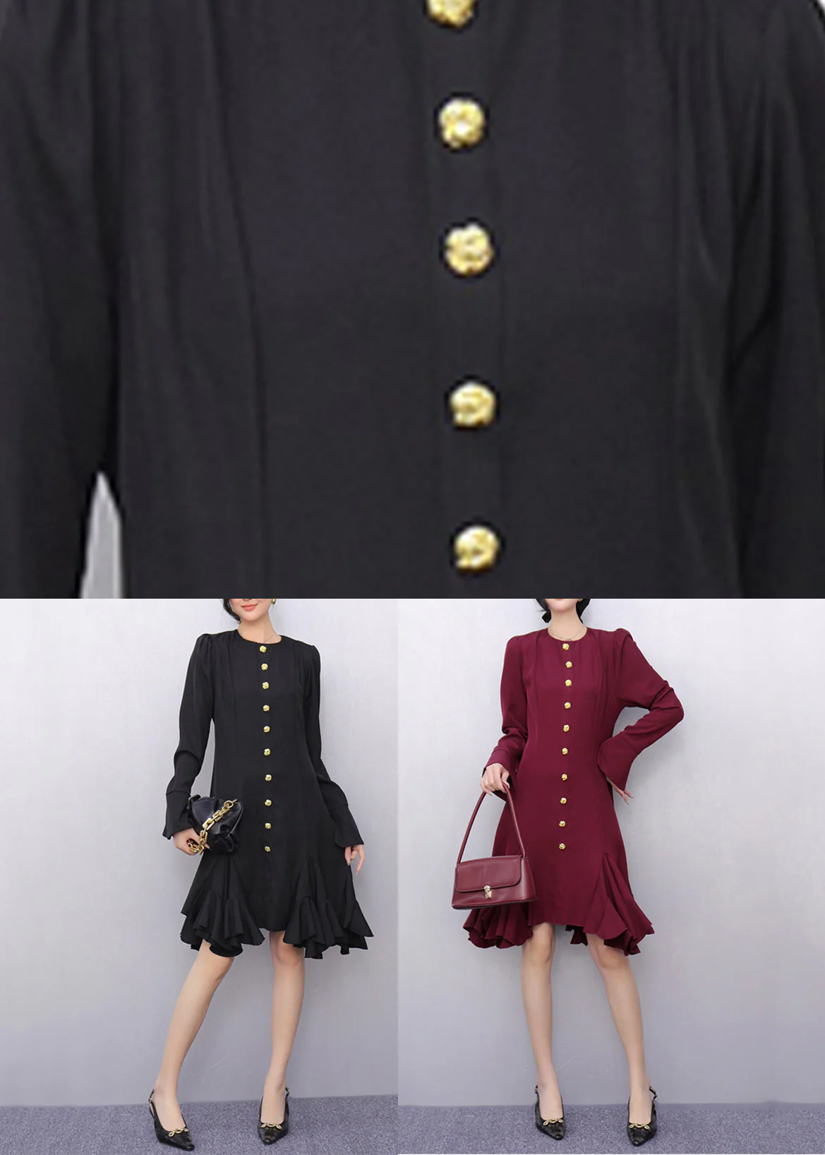 Original Black O-Neck Button Long Dresses Flare Sleeve - Image 5