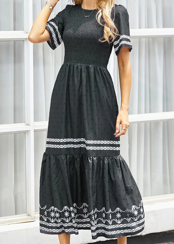 Original Black O Neck Print Dot Cotton Long Dresses Summer - Image 3