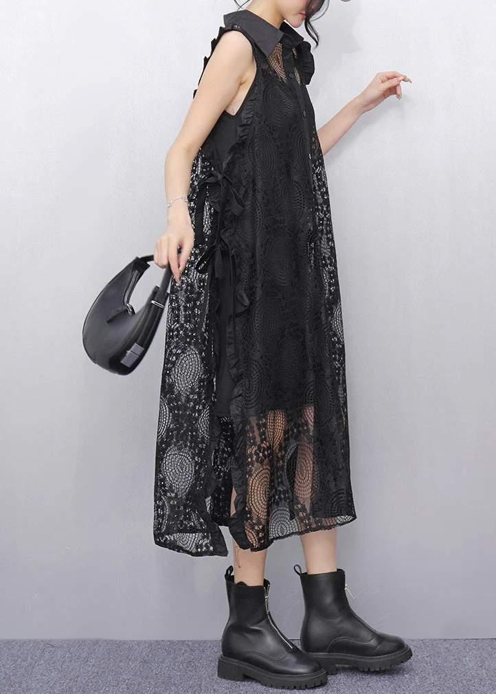 Original Black Peter Pan Collar Hollow Out Lace Maxi Dress Summer - Image 3