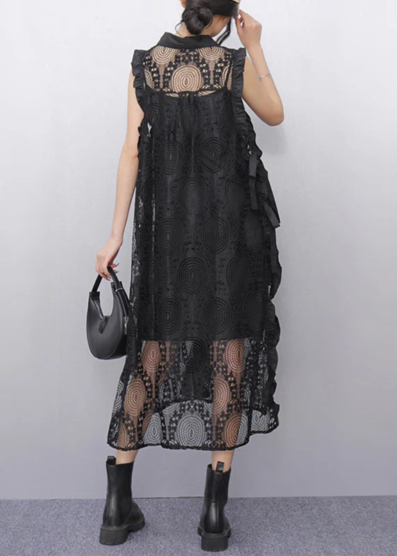 Original Black Peter Pan Collar Hollow Out Lace Maxi Dress Summer - Image 4