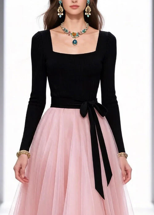 Original Black Square Collar Tie Waist Tulle Patchwork Long Dresses Spring - Image 2