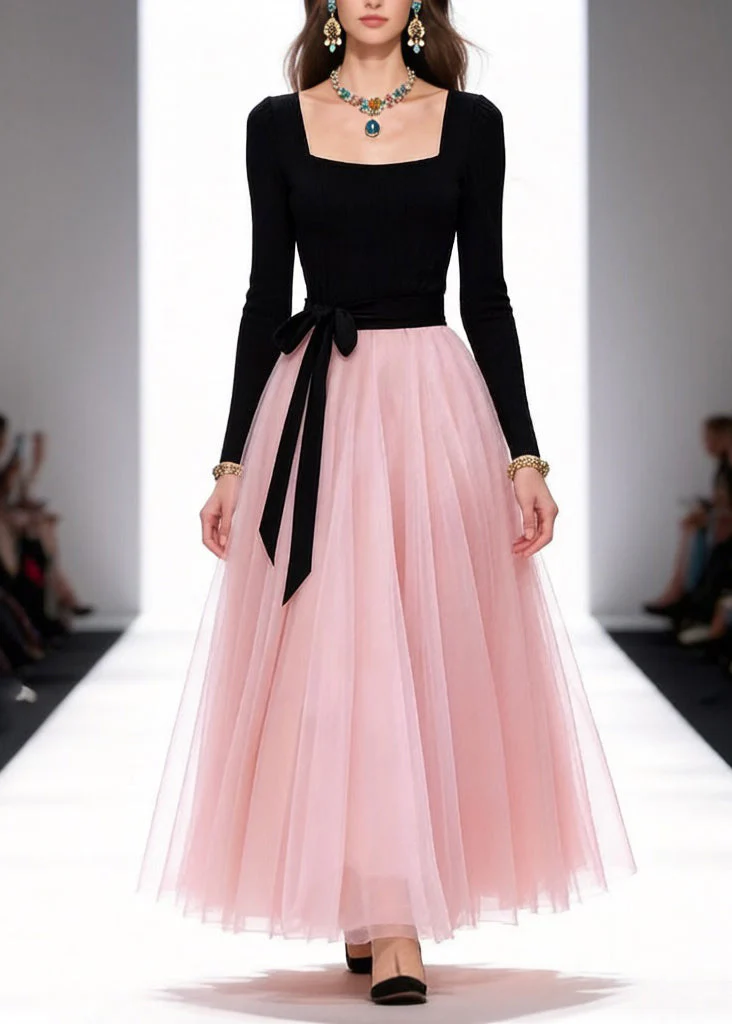 Original Black Square Collar Tie Waist Tulle Patchwork Long Dresses Spring - Image 3