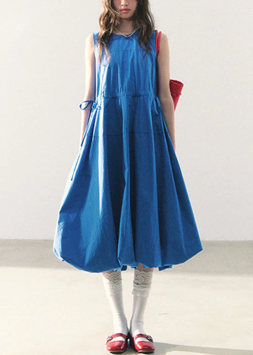 Original Blue O-Neck Tie Waist Cotton Long Dress Sleeveless - Image 2