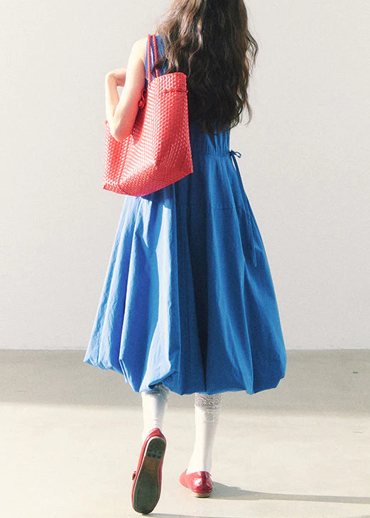 Original Blue O-Neck Tie Waist Cotton Long Dress Sleeveless - Image 4