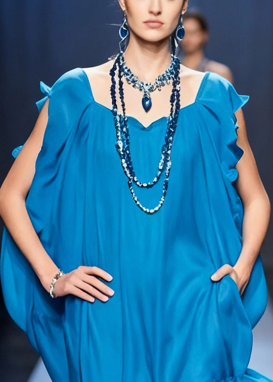 Original Blue Ruffled Pockets Solid Chiffon Mid Dress Summer - Image 2