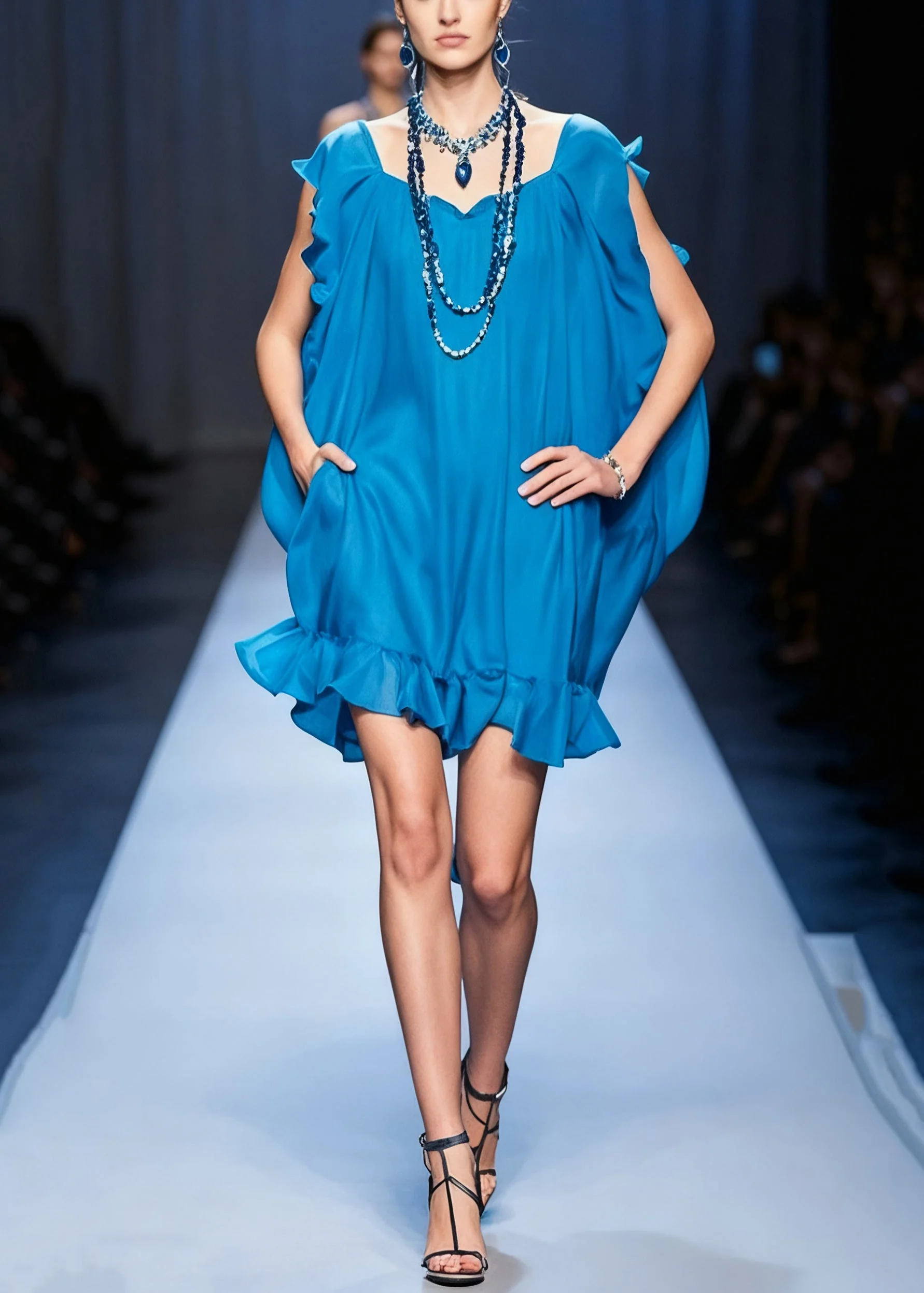 Original Blue Ruffled Pockets Solid Chiffon Mid Dress Summer - Image 3