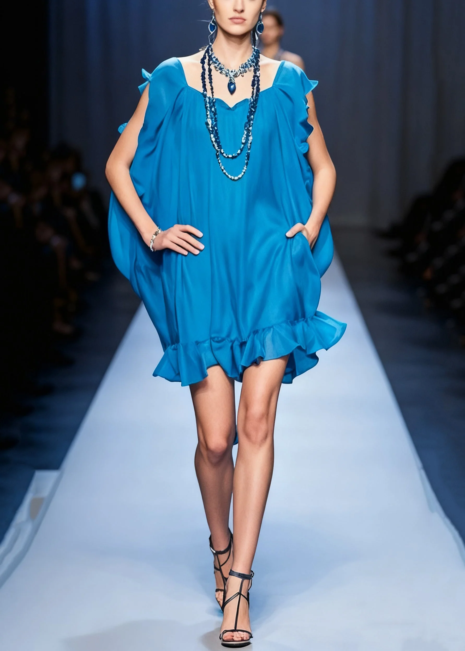 Original Blue Ruffled Pockets Solid Chiffon Mid Dress Summer - Image 5