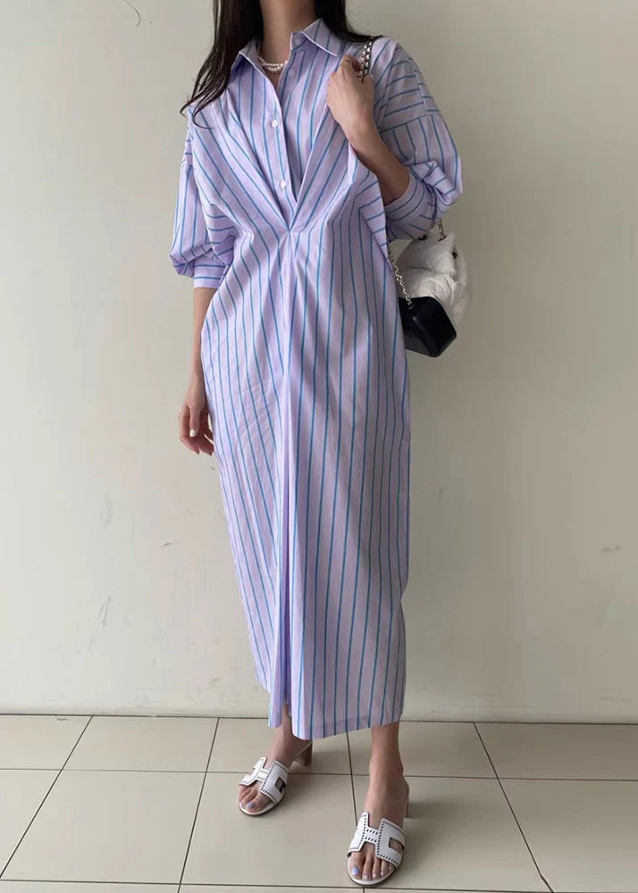 Original Blue Striped Button Cotton Shirts Dress Bracelet Sleeve - Image 2