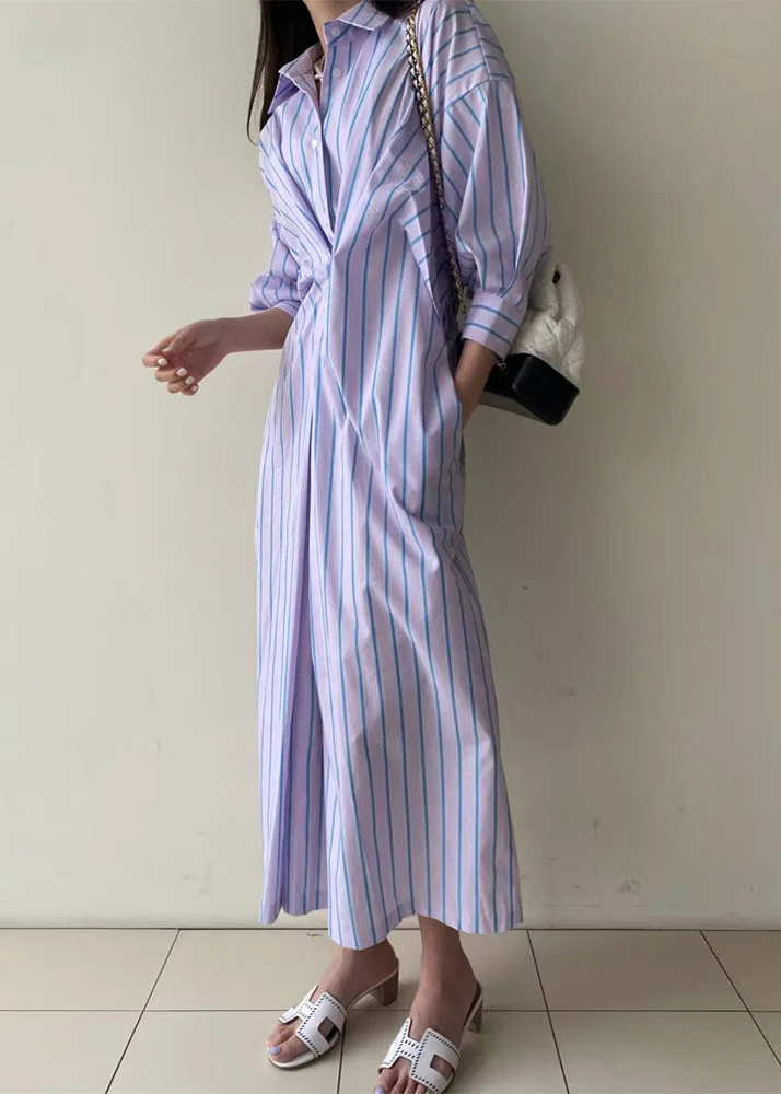 Original Blue Striped Button Cotton Shirts Dress Bracelet Sleeve - Image 4