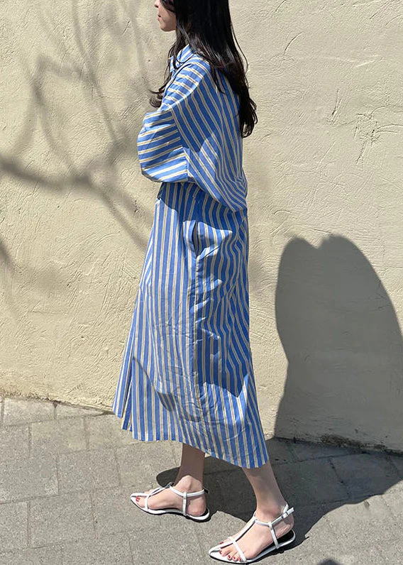 Original Blue Striped Button Cotton Shirts Dress Bracelet Sleeve - Image 5