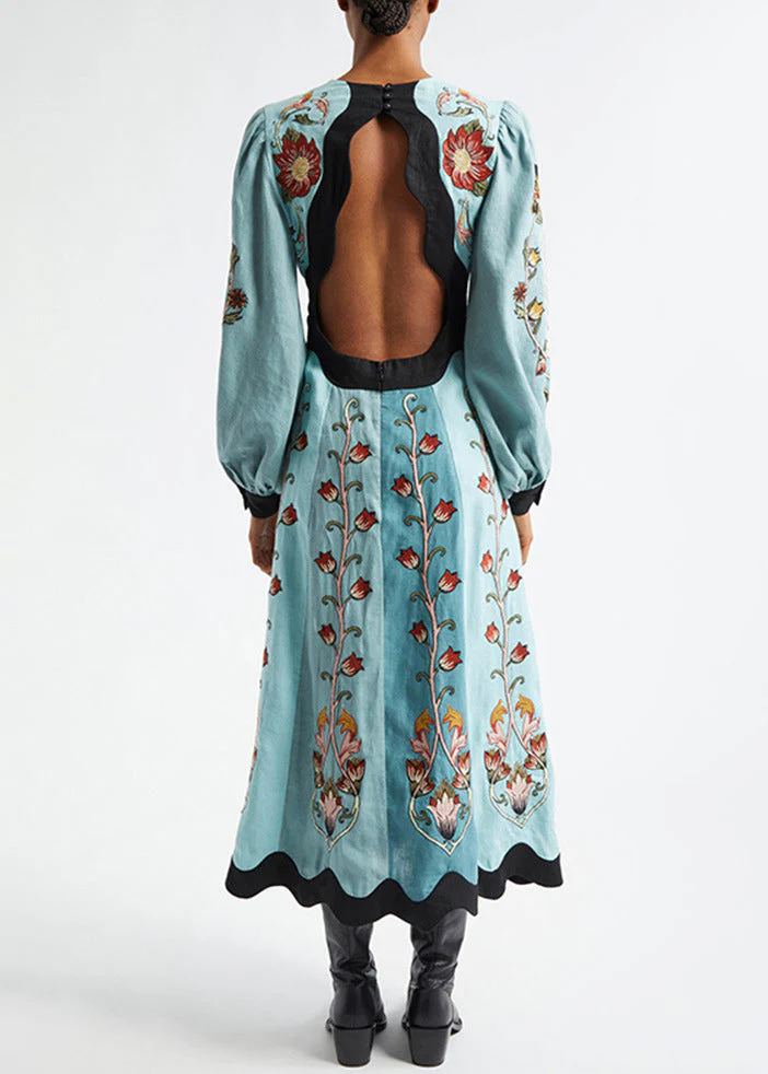 Original Blue V Neck Print Backless Cotton Long Dress Spring - Image 3
