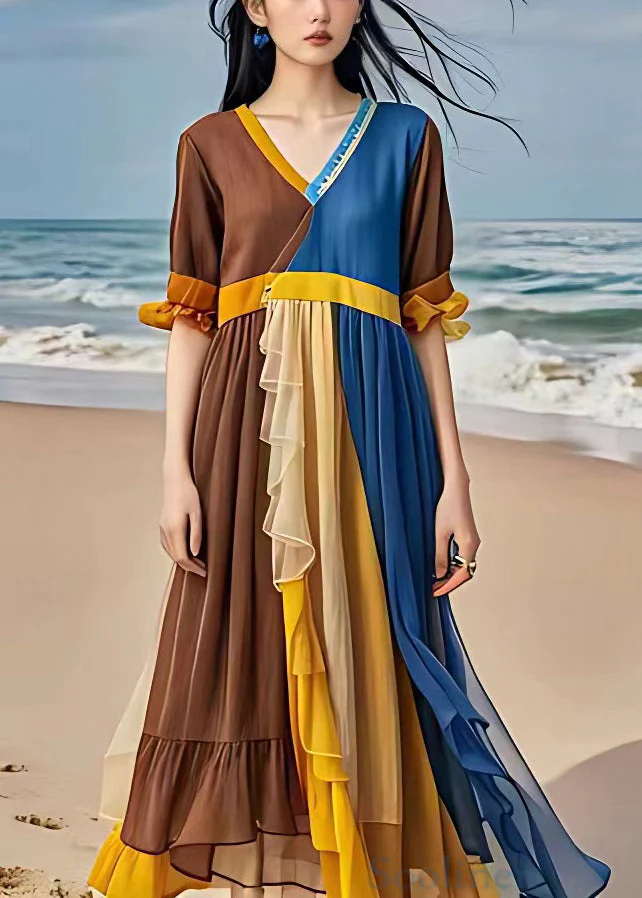 Original Blue V Neck Wrinkled Patchwork Chiffon Long Dresses Summer - Image 2