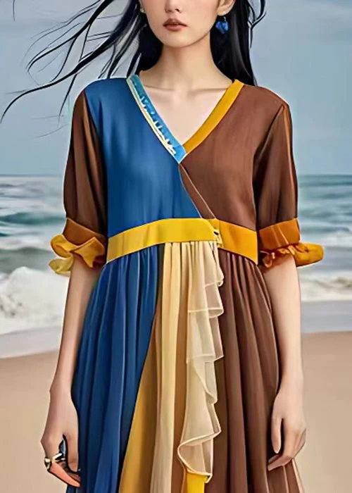 Original Blue V Neck Wrinkled Patchwork Chiffon Long Dresses Summer - Image 3