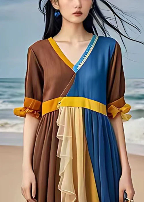 Original Blue V Neck Wrinkled Patchwork Chiffon Long Dresses Summer - Image 4