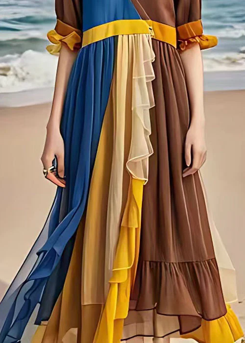 Original Blue V Neck Wrinkled Patchwork Chiffon Long Dresses Summer - Image 5