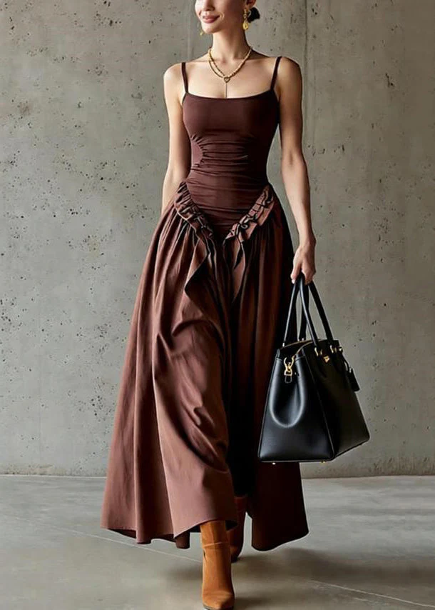 Original Brown Ruffled High Waist Patchwork Cotton Spaghetti Strap Dress Sleeveless - Image 3