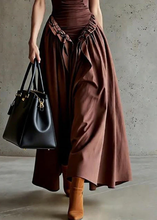 Original Brown Ruffled High Waist Patchwork Cotton Spaghetti Strap Dress Sleeveless - Image 4