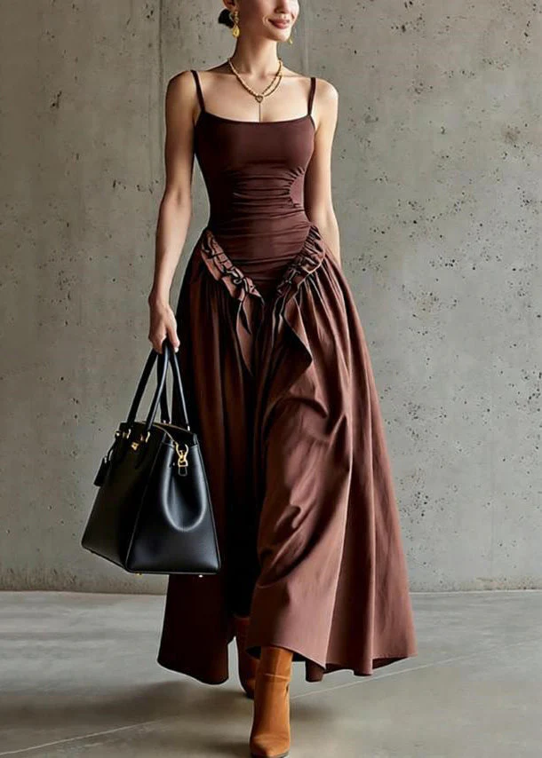 Original Brown Ruffled High Waist Patchwork Cotton Spaghetti Strap Dress Sleeveless - Image 5