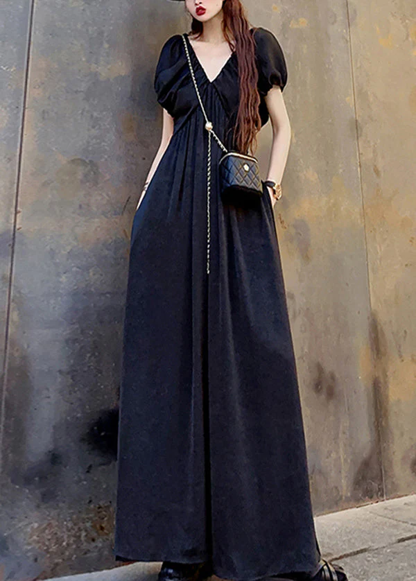 Original Champagne V Neck Wrinkled Cotton Maxi Dress Summer - Image 2