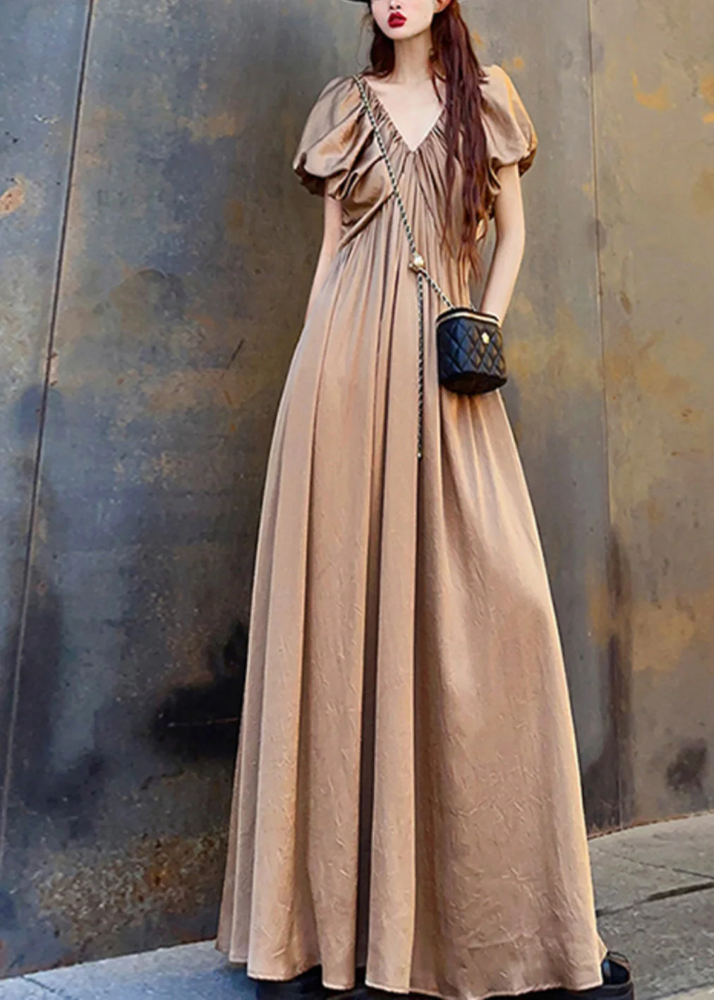 Original Champagne V Neck Wrinkled Cotton Maxi Dress Summer - Image 3