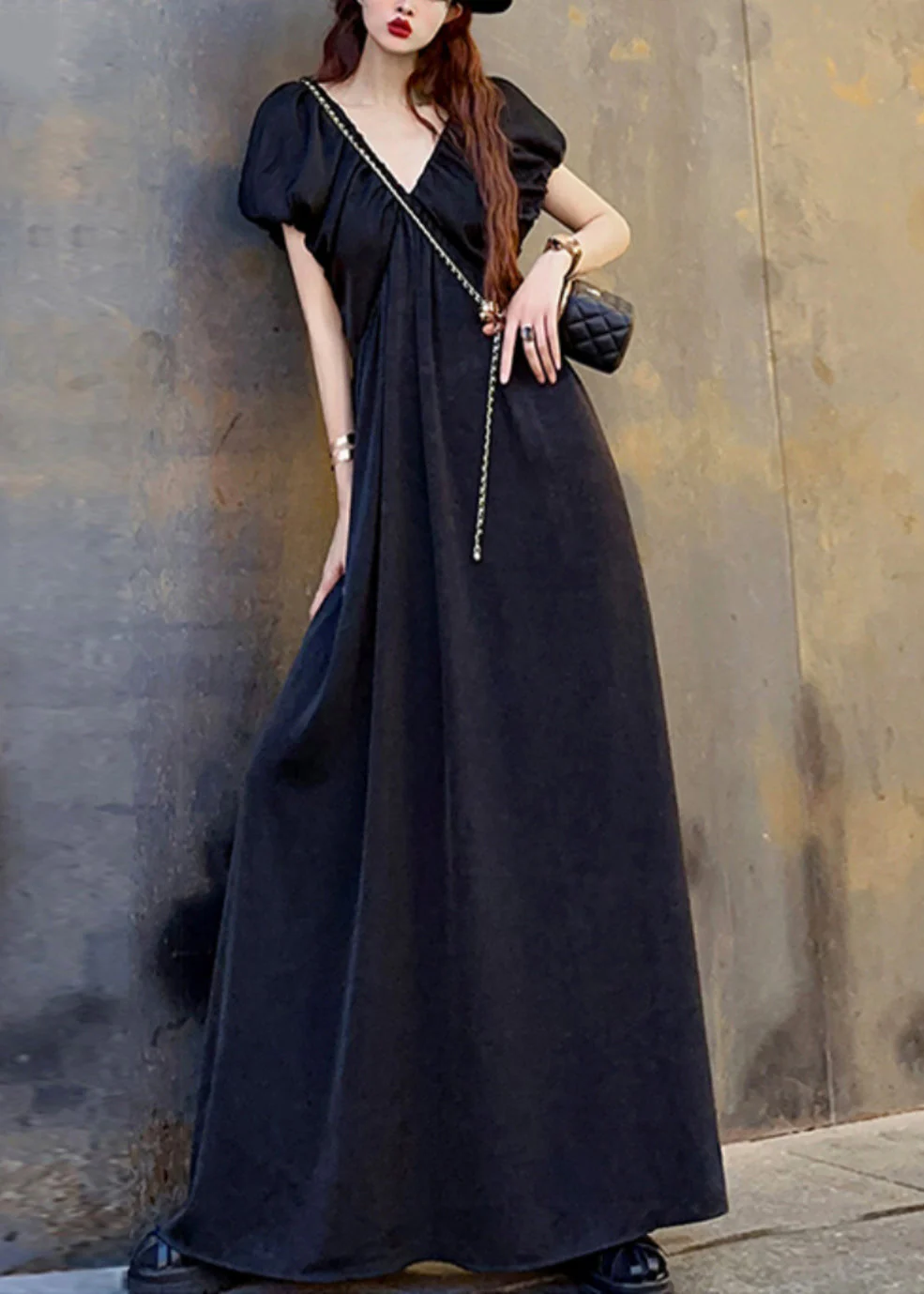 Original Champagne V Neck Wrinkled Cotton Maxi Dress Summer - Image 4