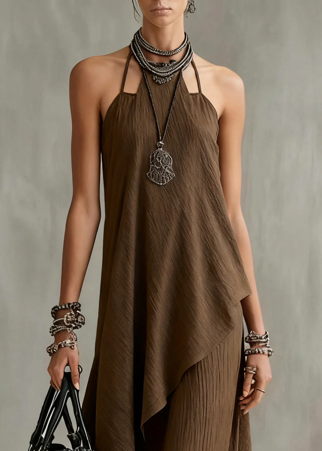 Original Coffee Asymmetrical Tops And Spaghetti Strap Dress Cotton Two Piece Set Sleeveless - Image 3