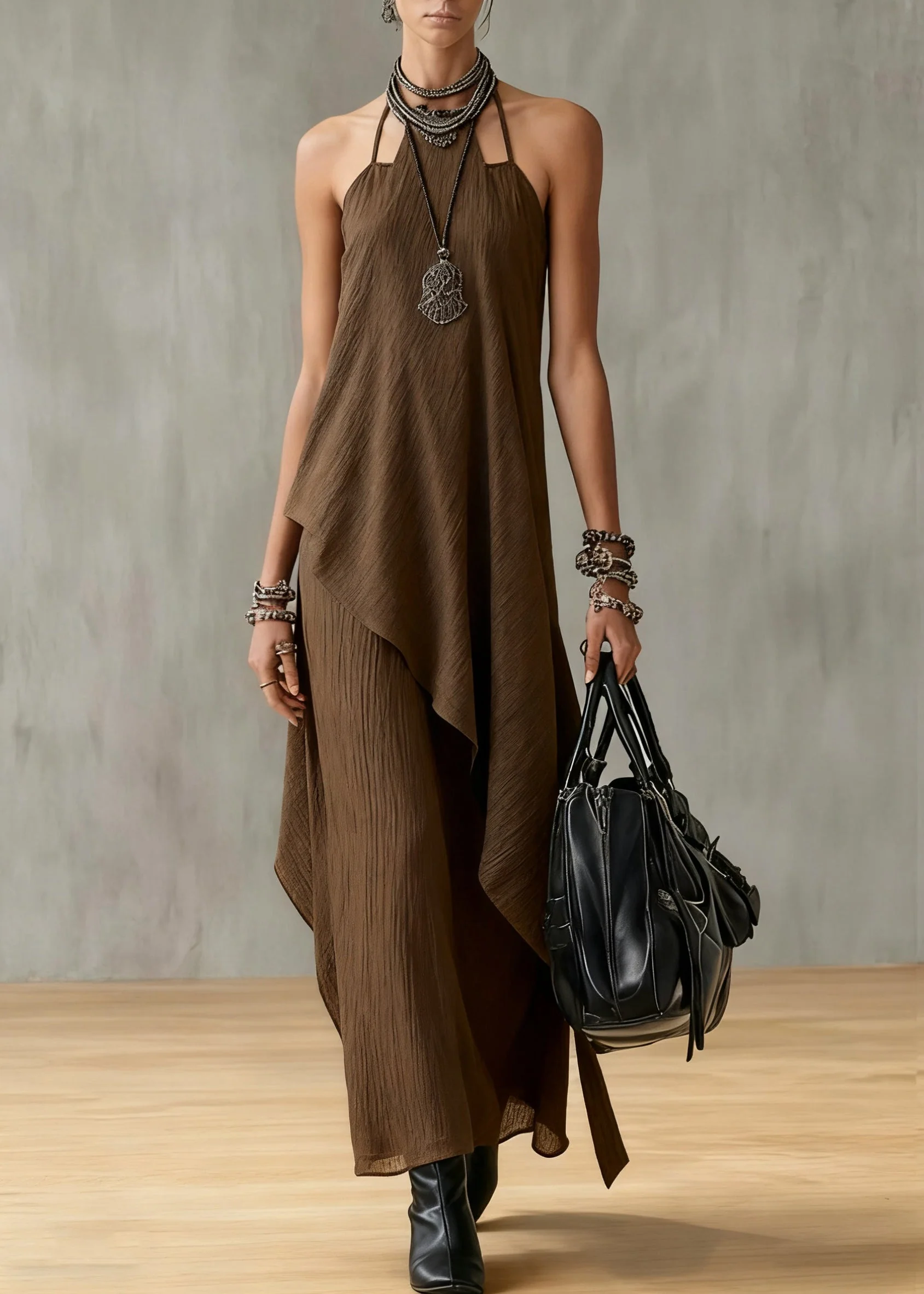 Original Coffee Asymmetrical Tops And Spaghetti Strap Dress Cotton Two Piece Set Sleeveless - Image 5
