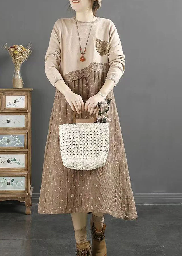 Original Coffee O Neck Lace Patchwork Cotton Long Dresses Fall - Image 3