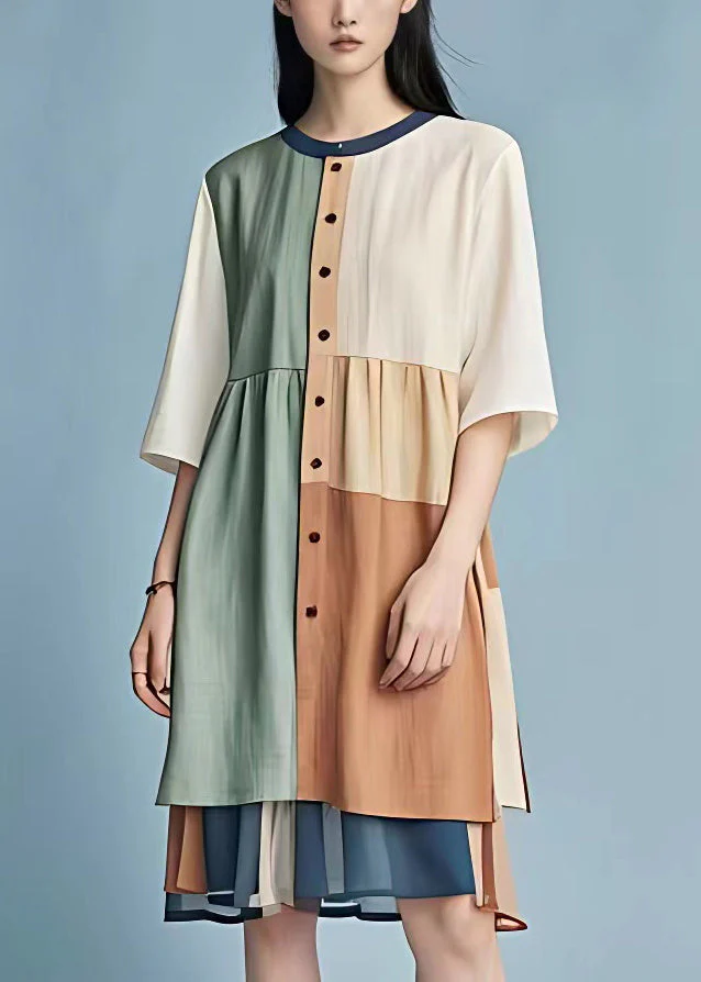 Original Colorblock Asymmetrical Patchwork Cotton Dress Half Sleeve - Image 2