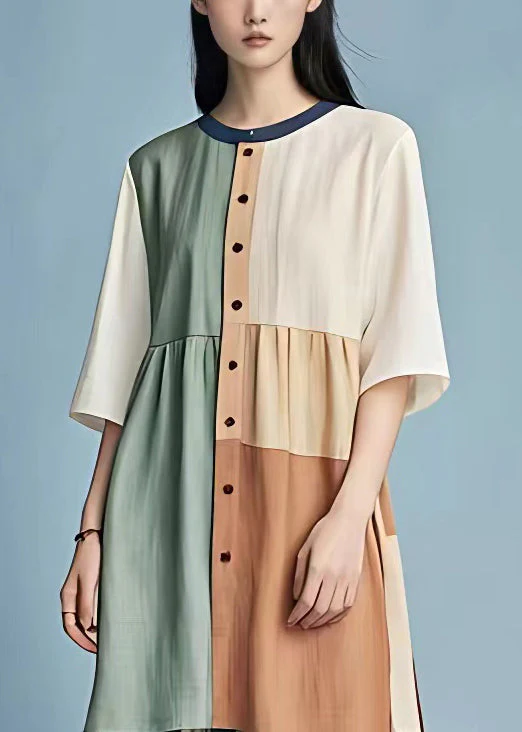 Original Colorblock Asymmetrical Patchwork Cotton Dress Half Sleeve - Image 3