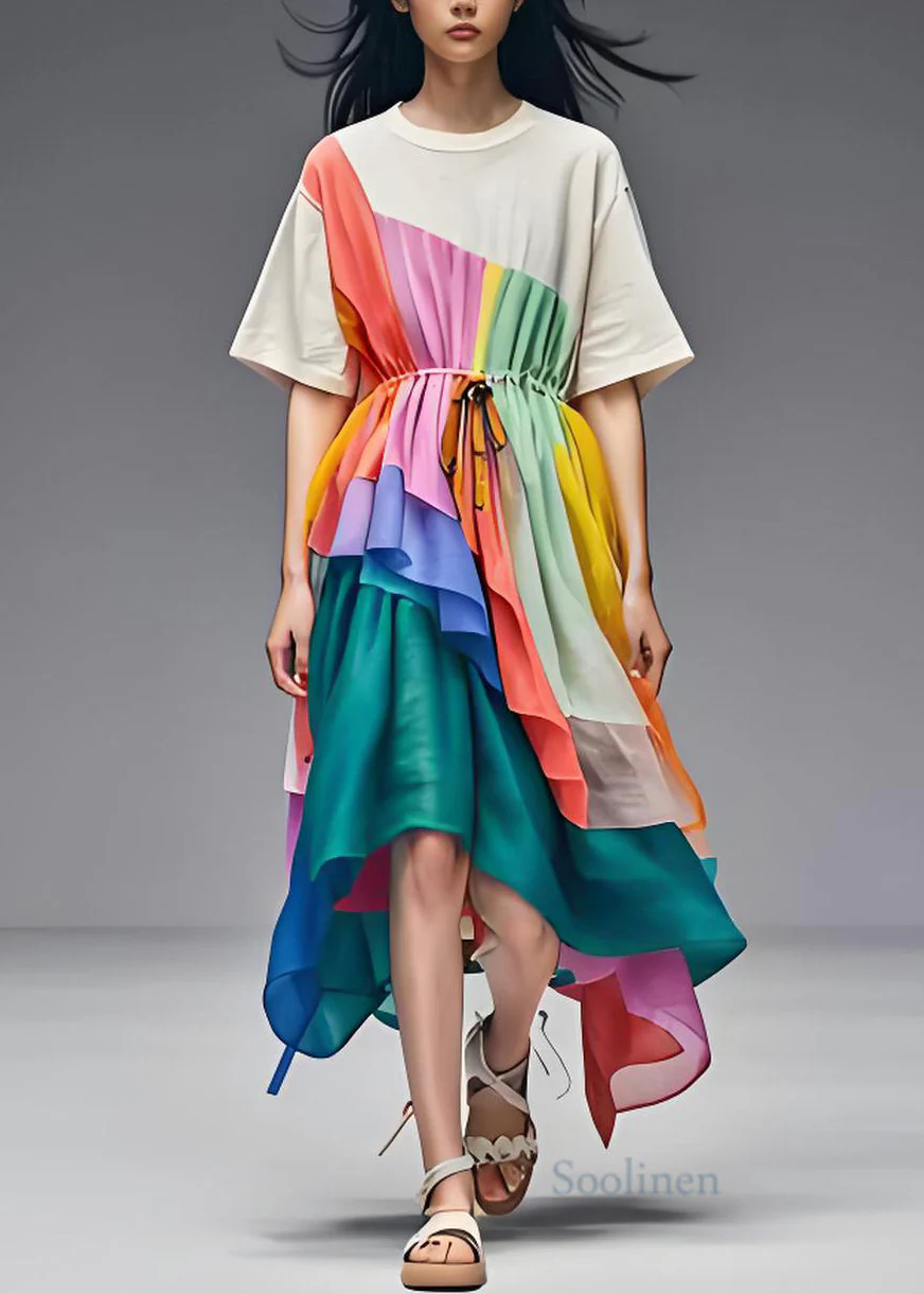 Original Design Asymmetrical Drawstring Patchwork Cotton Dress Summer - Image 2